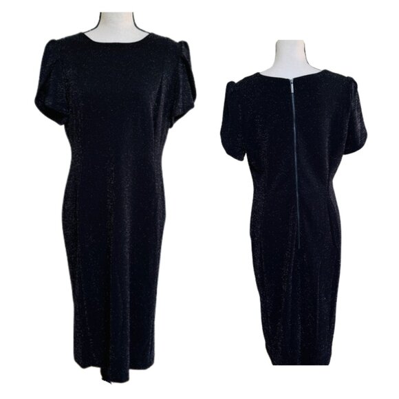CALVIN KLEIN Black Silver Sparkle Shimmer Midi Dress Puff Sleeve Cocktail Party - Picture 1 of 10